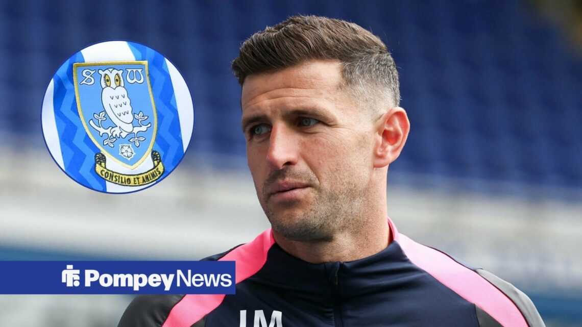 John Mousinho looking at Sheffield Wednesday badge in circle