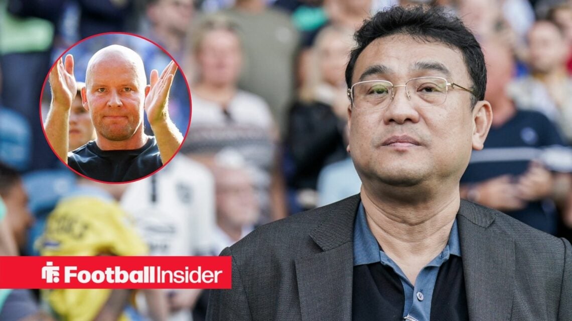 Dejphon Chansiri standing on the Hillsborough touchline, Henrik Pedersen in a circular inset