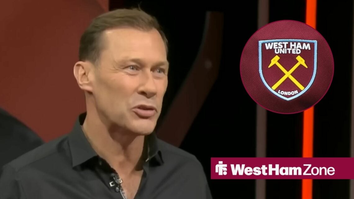 Duncan Ferguson looking annoyed towards a West Ham badge in a circle inset