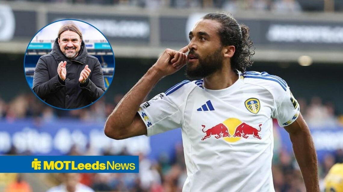 Dominic Calvert-Lewin celebrating for Leeds with Daniel Farke in frame