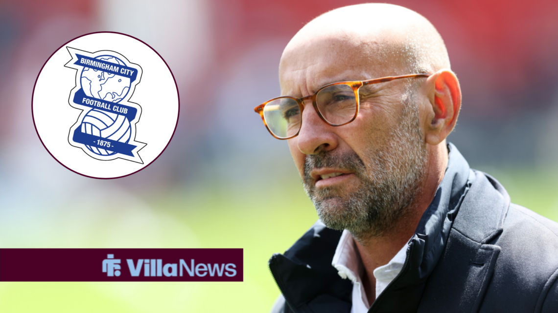 Aston Villa chief Monchi looking towards a Birmingham City badge in a circle inset