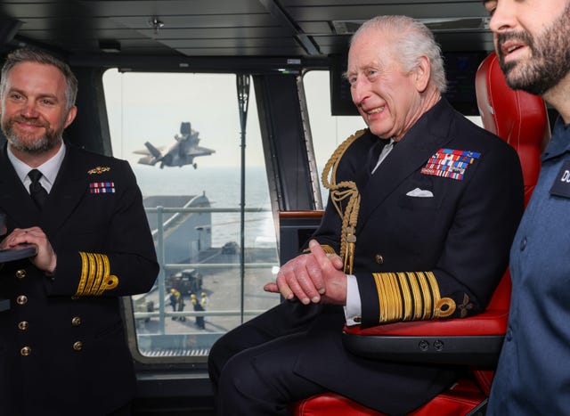 The King meets the crew of HMS Prince of Wales in the English Channel in March 2025 