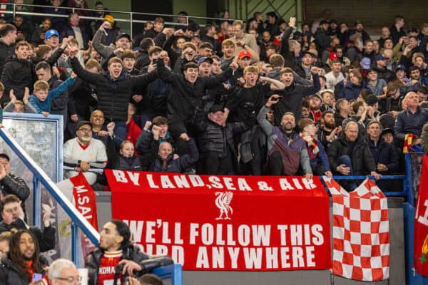 PARIS, FRANCE - Wednesday, March 5, 2025: Liverpool supporters celebrate after the UEFA Champions League Round of 16 1st Leg game between Paris Saint-Germain and Liverpool FC at the Parc des Princes. Liverpool won 1-0. (Photo by David Rawcliffe/Propaganda)