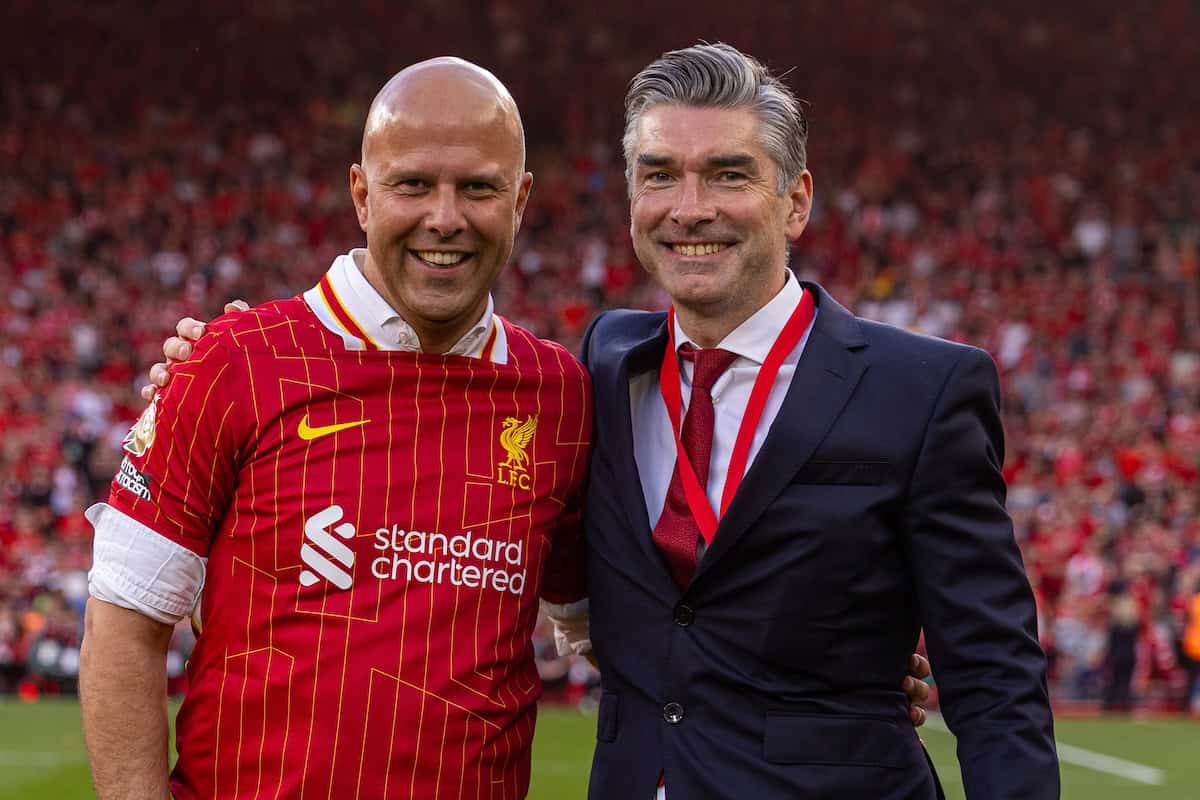 LIVERPOOL, ENGLAND - Sunday, April 27, 2025: Liverpool's head coach Arne Slot and sporting director Richard Hughes after the FA Premier League match between Liverpool FC and Tottenham Hotspur FC at Anfield. Liverpool won 5-1 and became League Champions. (Photo by David Rawcliffe/Propaganda)