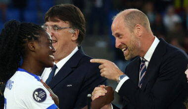 Aston Villa supporter Prince William congratulating England striker Michelle Agyemang