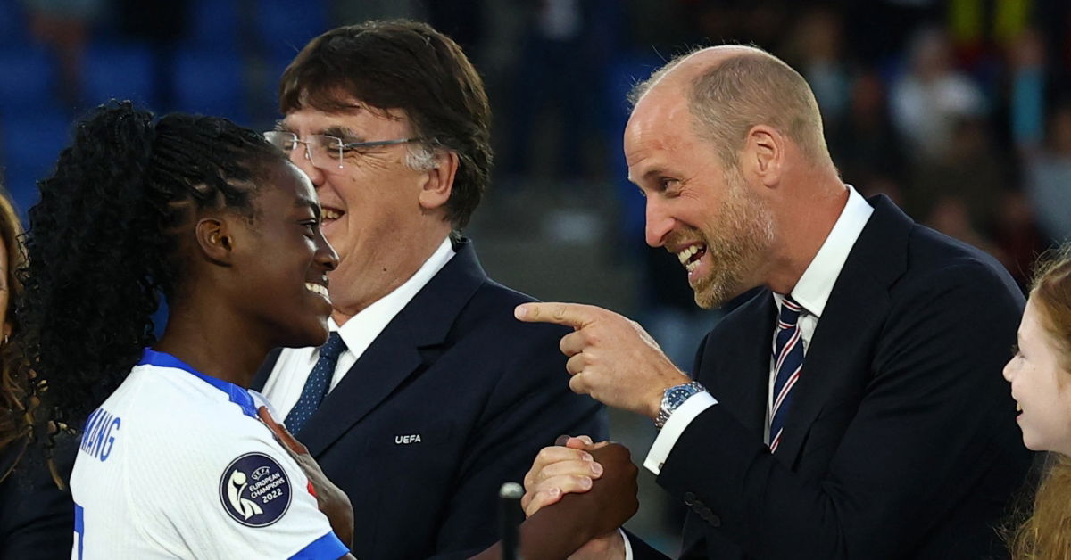Aston Villa supporter Prince William congratulating England striker Michelle Agyemang