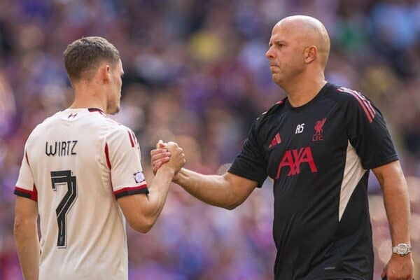 LONDON, ENGLAND - Sunday, August 10, 2025: Liverpool’s head coach Arne Slot shakes hands with Florian Wirtz after the FA Community Shield match between Crystal Palace FC and Liverpool FC at Wembley Stadium. Palace won 3-1 on penalties after a 2-2 draw. (Photo by David Rawcliffe/Propaganda)
