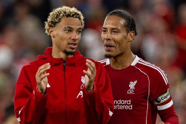 LIVERPOOL, ENGLAND - Friday, August 15, 2025: Liverpool's Hugo Ekitike (L) and captain Virgil van Dijk after the FA Premier League match between Liverpool FC and AFC Bournemouth at Anfield. Liverpool won 4-2. (Photo by David Rawcliffe/Propaganda)