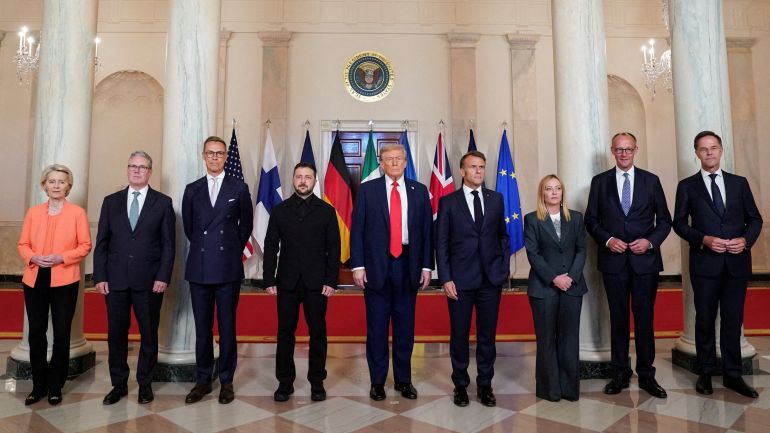 Trump and major European leaders stand in line for a group photo at the White House