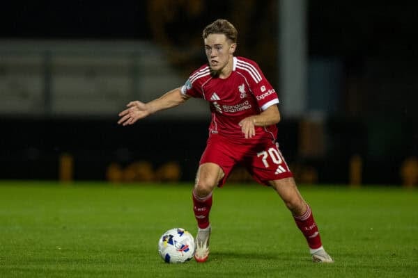 BURTON, ENGLAND - Tuesday, September 2, 2025: Liverpool's Tommy Pilling during the English Football League Trophy Northern Group H match between Burton Albion FC and Liverpool FC Under-21's at The  Burton Albion FC Stadium. Burton won 2-0. (Photo by David Rawcliffe/Propaganda)