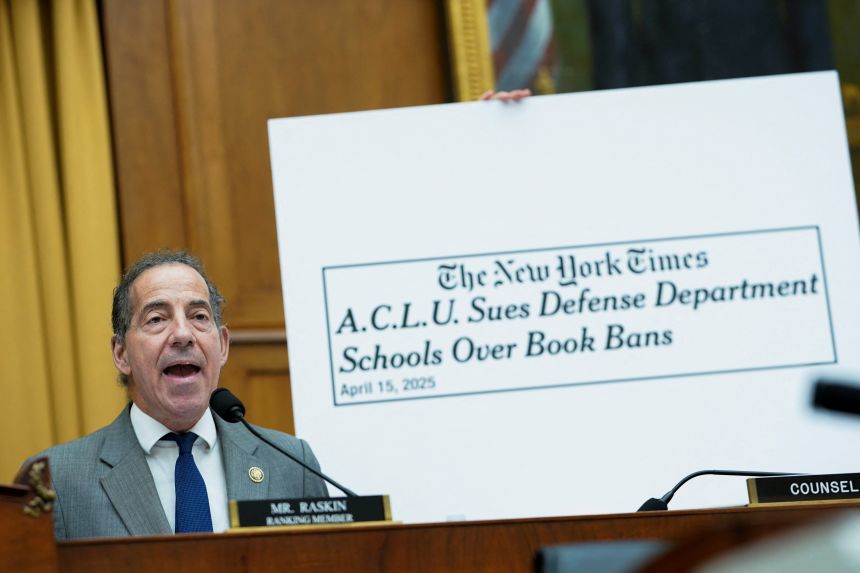 Representative Jamie Raskin questions Britain's Reform UK Party leader Nigel Farage during his testimony before a House Judiciary Committee hearing on Capitol Hill in Washington, DC on Wednesday.