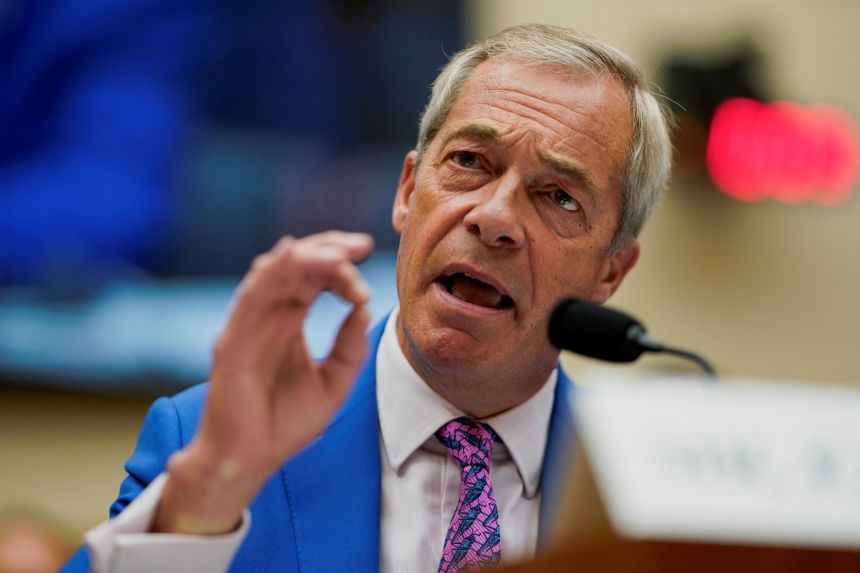 Britain's Reform UK Party leader Nigel Farage testifies before a House Judiciary Committee hearing on European threats to American free speech and innovation, on Capitol Hill in Washington, DC, on Wednesday.