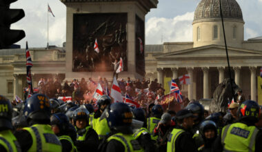 Protesters gather on the day of an anti-immigration rally organised by British anti-immigration activist Stephen Yaxley-Le...