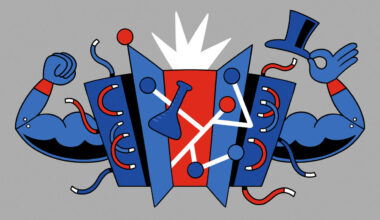 An illustration of a supercomputer with red and blue cables on the outside, two strong arms flexing their muscles on the left and holding a top hat on the right with a conical flask and graphic lines bursting from an open door in the centre.