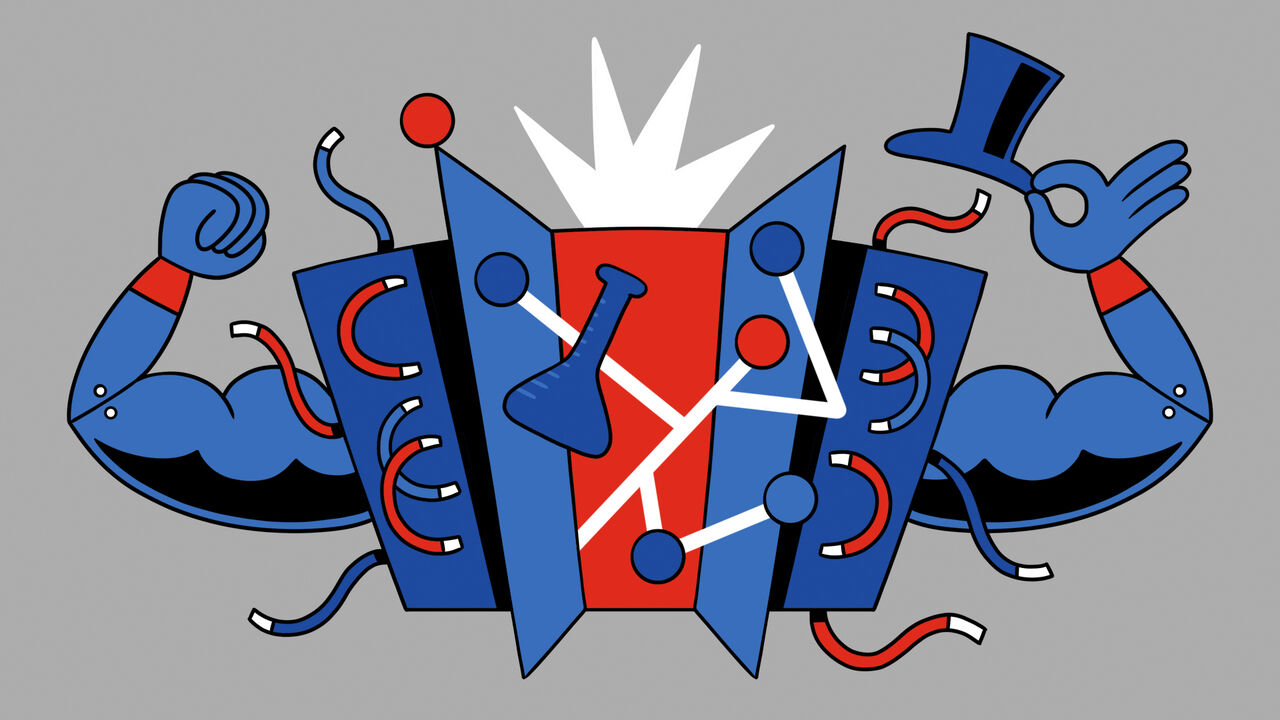 An illustration of a supercomputer with red and blue cables on the outside, two strong arms flexing their muscles on the left and holding a top hat on the right with a conical flask and graphic lines bursting from an open door in the centre.