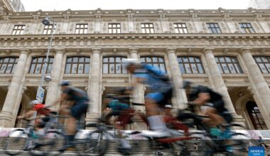 Cyclists compete during L'Etape Romania by Tour de France cycling race in Bucharest-Xinhua