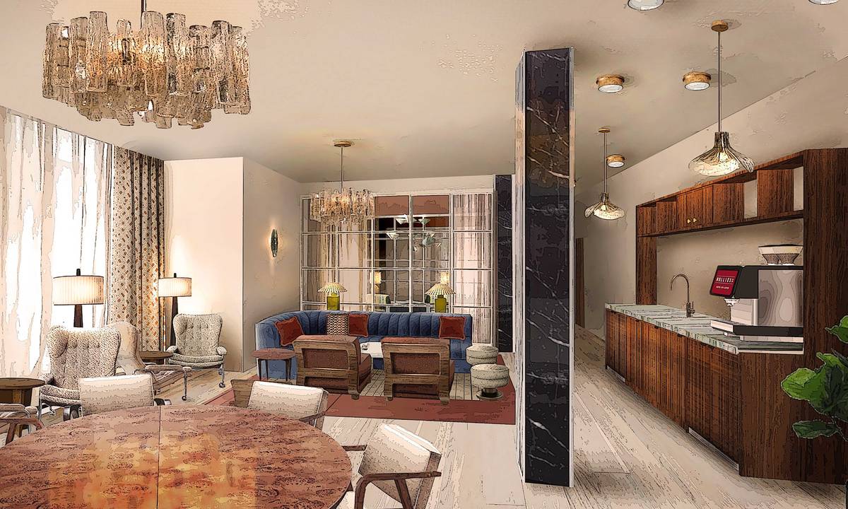 cgi of ground floor workspace with mid-century sofas, armchairs, and table and chairs