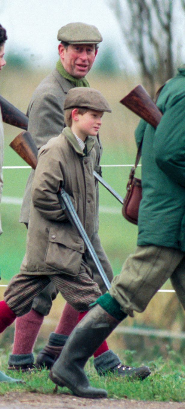 SANDRINGHAM, UNITED KINGDOM  -  NOVEMBER 30:   Charles, Prince of Wales, and Prince Harry, take part in a shoot at Sandringham, Norfolk, on November 30, 1996.  in Sandringham, United Kingdom. (Photo by Julian Parker/UK Press via Getty Images)