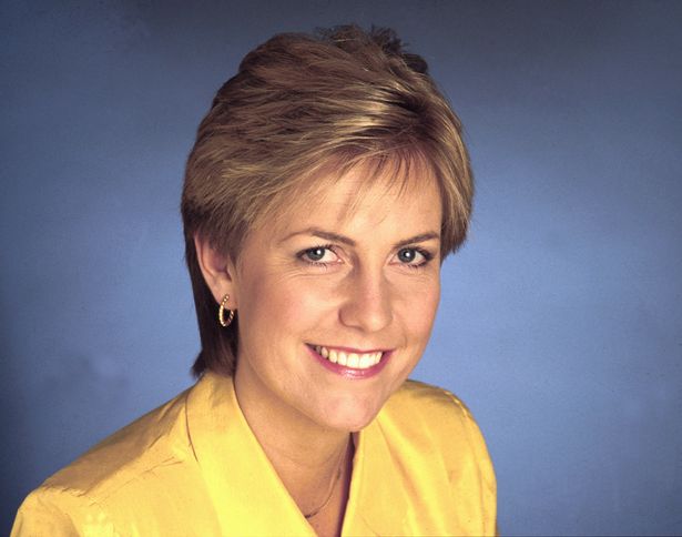 TV presenter Jill Dando wearing yellow blouse shirt earrings necklace 