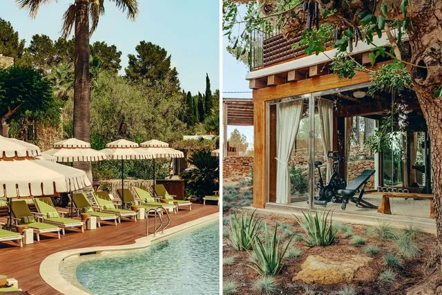 Edvinas Bruzas/Soho Farmhouse Ibiza From left: The property's pool; a gym and training area, with floor-to-ceiling windows.