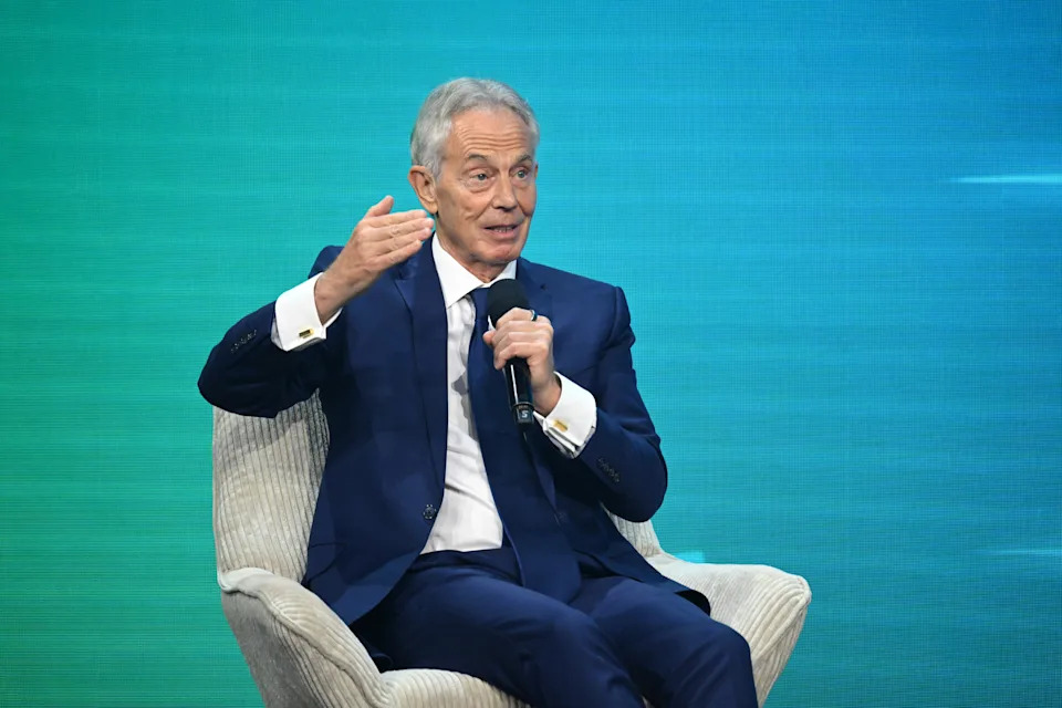 VIENNA, AUSTRIA - JUNE 03: Tony Blair speaks during 'Unite in Action' conversation with Tony Blair and Arnold Schwarzenegger during the Austrian World Summit at Hofburg Congress Center on June 03, 2025 in Vienna, Austria. The Austrian World Summit is an annual climate conference which has taken place in Vienna since 2017. (Photo by Thomas Kronsteiner/Getty Images)