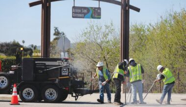 WORK IN PROGRESS—Crews cover a microtrench with asphalt as part of SiFi Networks’ fiber-optic installation project along Sequoia Avenue on Feb. 28 in Simi Valley. MICHAEL COONS/Acorn Newspapers