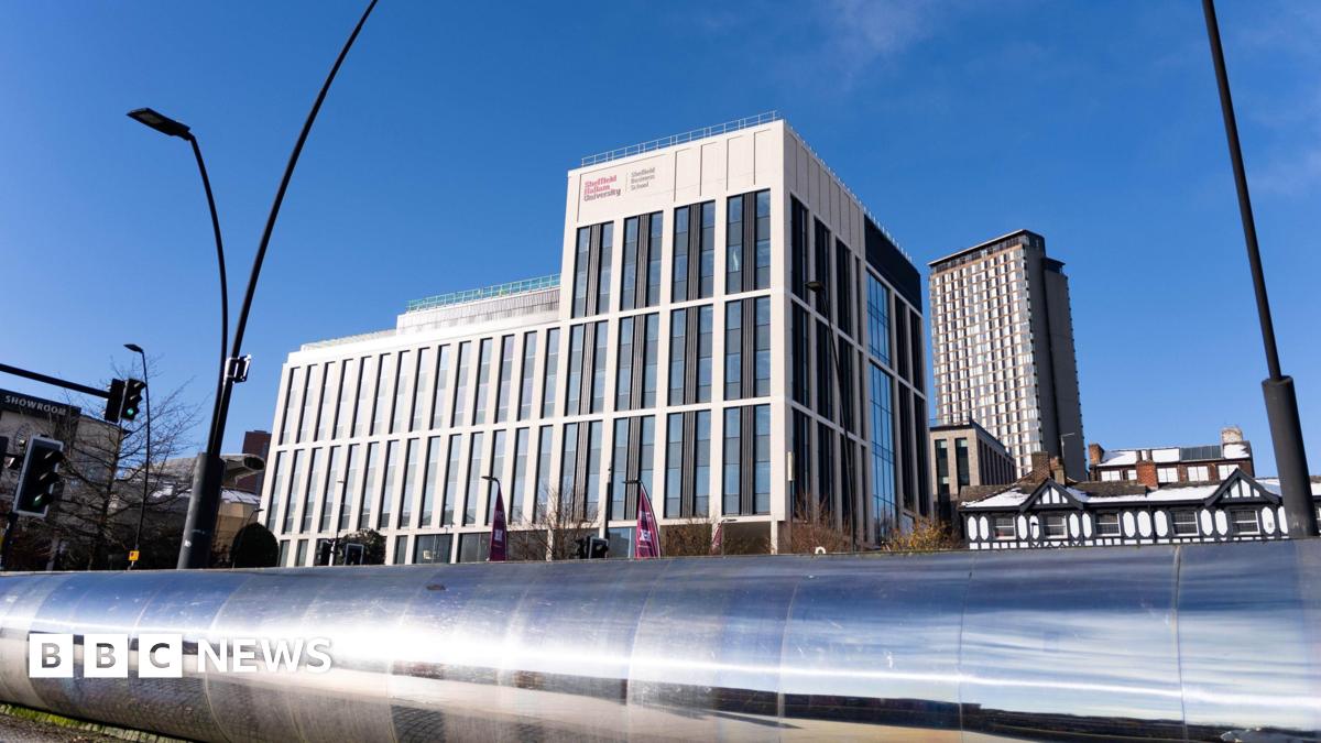 A modern building over several floors has large windows and flat roof gardens. It is overlooking the Steel Wall at Sheffield railway station