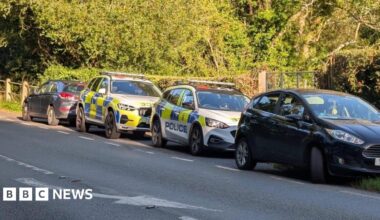 Two police cars and two black vehicles parked beside a road with trees in the background. The photo is taken from the opposite side of the road