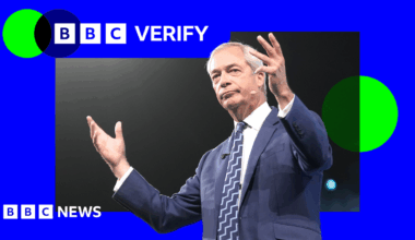 Reform leader Nigel Farage speaks at the party's conference in Birmingham. He is wearing a dark suit and is imposed over the BBC Verify colours and branding.