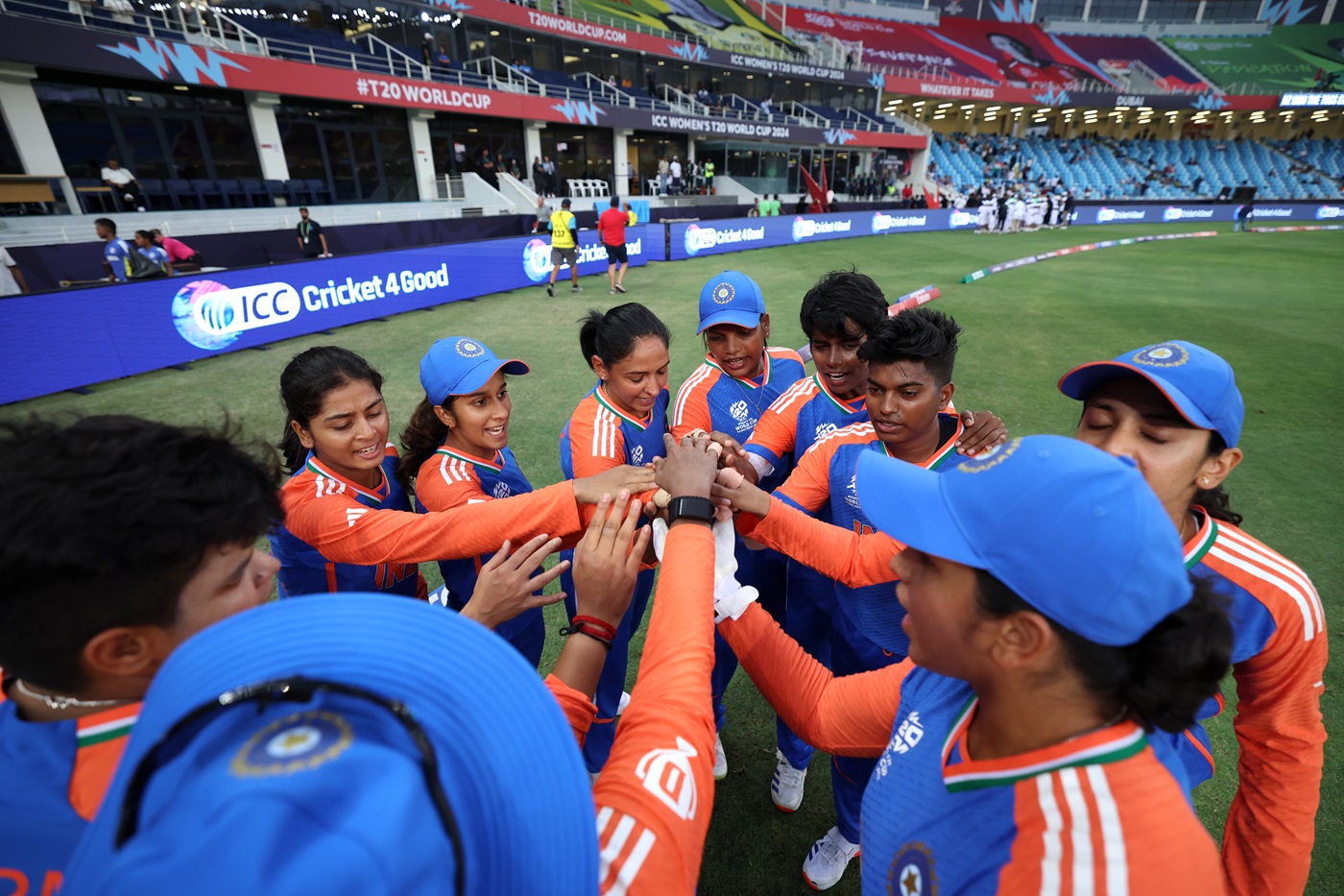 Rodrigues (third from left) in a team huddle during last year's T20 World Cup. 