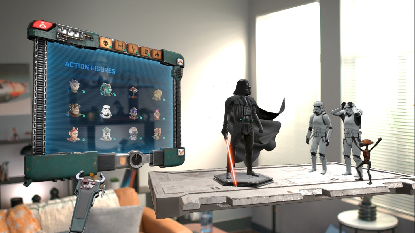 A gameplay screenshot from Star Wars: Beyond Victory, showing Darth Vader, Stormtroopers, and a pit droid on a tabletop, with an Action figures menu floating behind it and a living room visible all around.