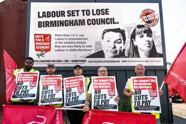 BIRMINGHAM, ENGLAND - JULY 9: Striking bin workers stand in front of billboards commissioned by the UNITE trade union to remind the Labour controlled council that they are on course to lose control if they do not resolve the dispute on July 9, 2025 in Birmingham, England. Birmingham City Council and the union Unite, which represents bin collection workers here, remain at loggerheads, with no indication of progress in the the strikes that began in January. (Photo by Guy Smallman/Getty Images)