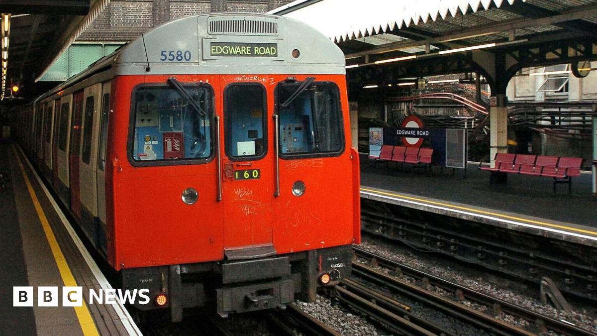 A library photo of a Tube train pulling into Edgware Road station.