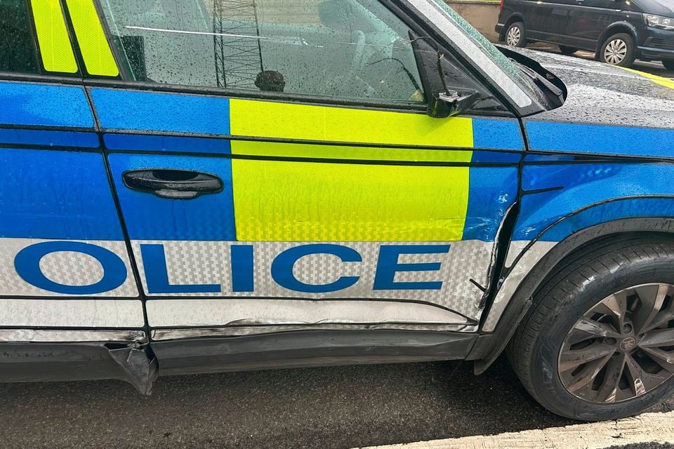 Damage caused to the police vehicle during the incident in Jonesborough. PSNI