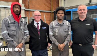 (L-R) Apprentice, Krispin Bartlett; The Engineering College CEO Terry Weston; Apprentice, Michael Clarke; The Engineering College commercial Services Manager, Kevin Cairns;