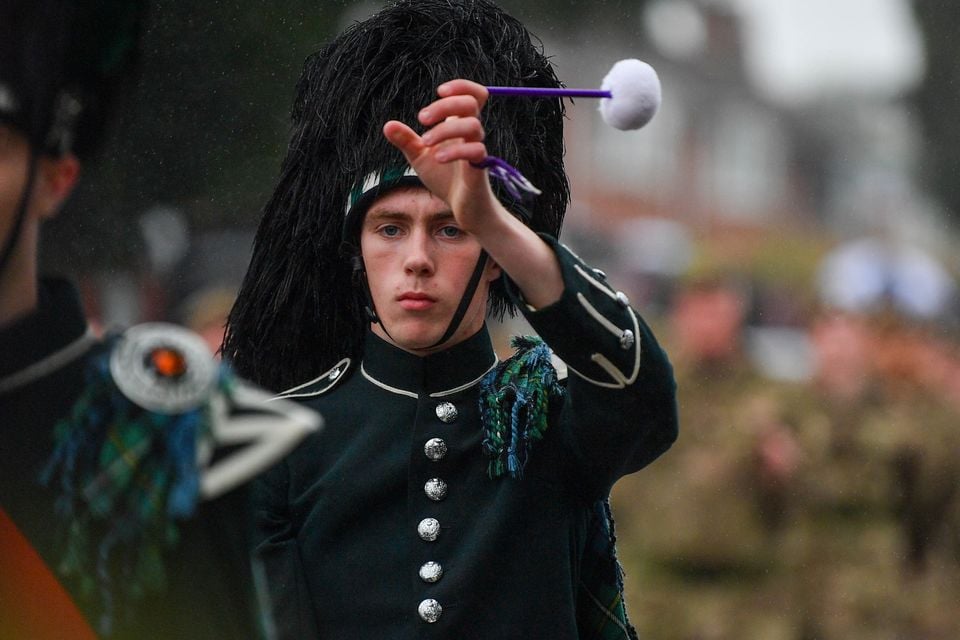 The Irish Guards today were on Parade today as they are laying down their regimental colours at St. Mark's Parish Church in Dundela, East Belfast. This event is a historic, one-off event to mark the regiment's 125th anniversary and will be the only set of their colours to reside outside of London.  The Parade which took place along Belmont Road featured the Band of the Irish Guards, Pipes and Drums Irish Guards and Campbell College Pipe Band along with the Irish Guards Association & Army Cadet force.

Photo - Andrew McCarroll/ Pacemaker Press