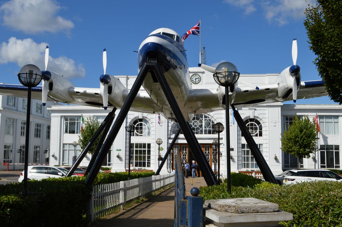An aircraft at the entrance of the Croydon Airport Visitor Centre