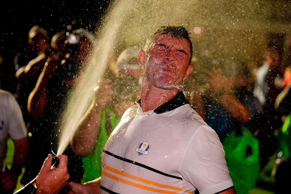 Holywood's Rory McIlroy celebrates Team Europe's victory at Bethpage Black.