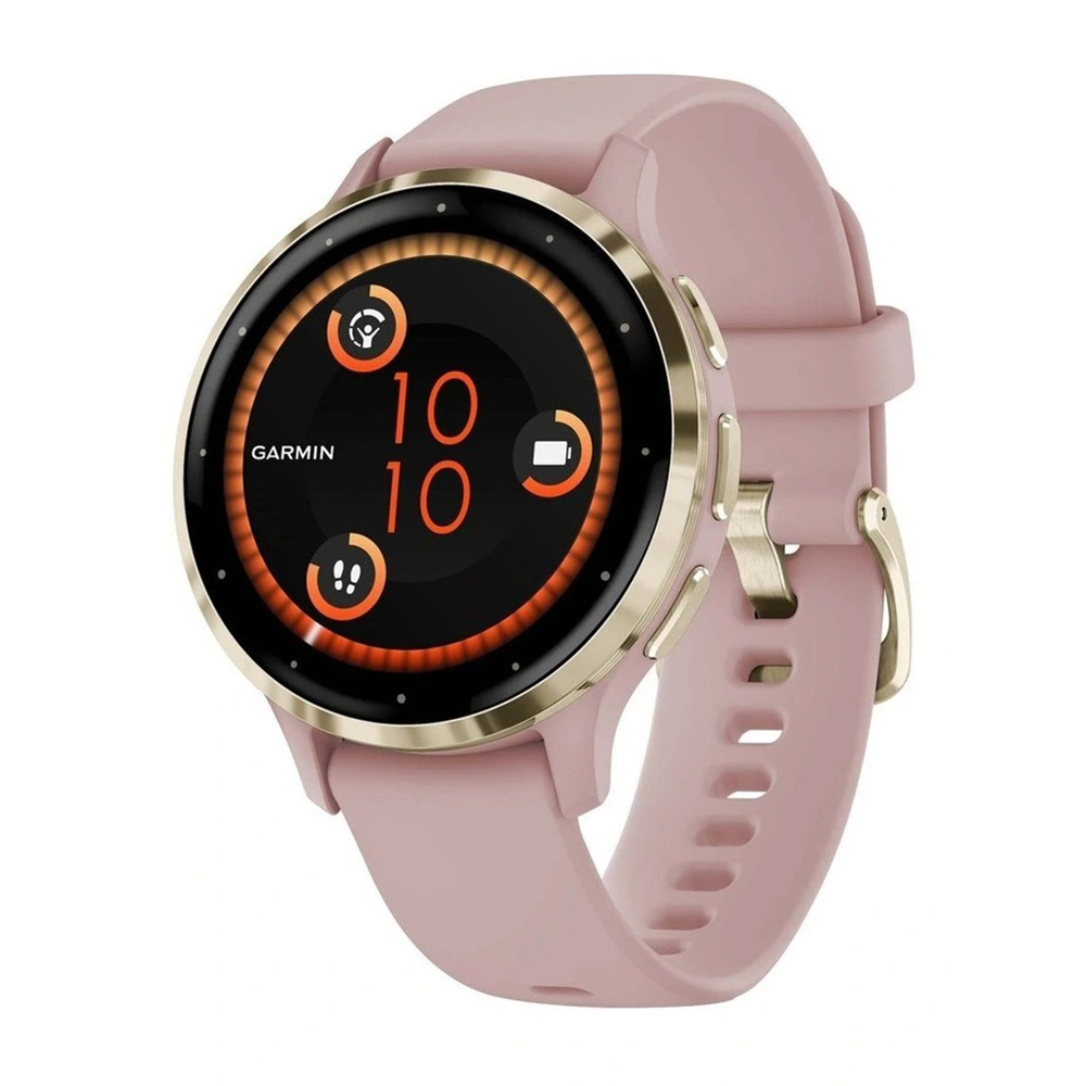 Pink watch band with gold watch metal rim and black watch face displaying time and monitoring applications