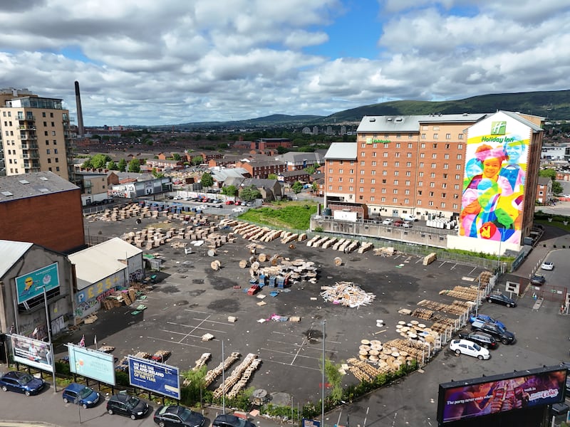 Large cable reels at a bonfire site near Sandy Row. NO BYLINE