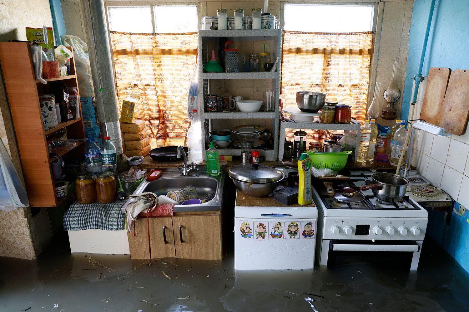 A flooded kitchen.