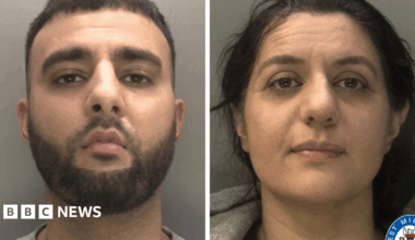 Two police mugshots of a man, Asaan Hussain, and a woman, Sima Khan, against plain grey backgrounds.