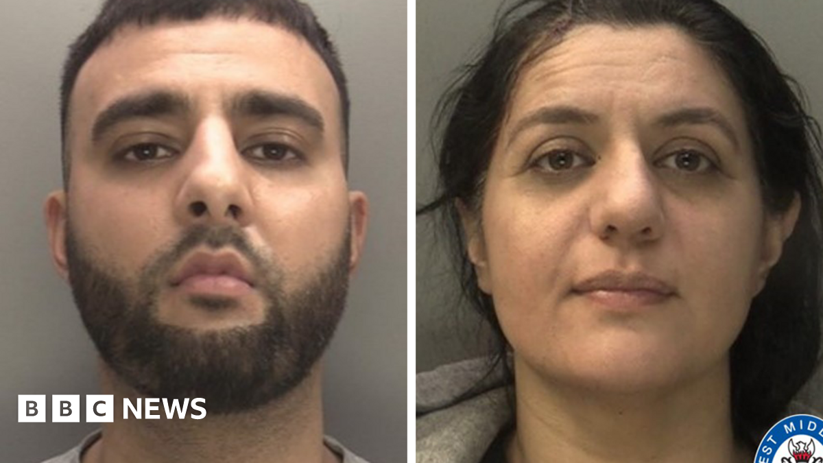 Two police mugshots of a man, Asaan Hussain, and a woman, Sima Khan, against plain grey backgrounds.