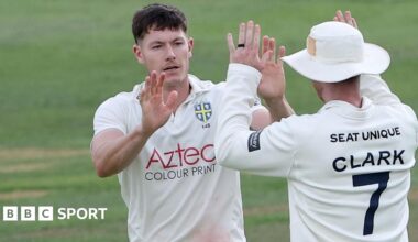 Matthew Potts celebrates taking wicket