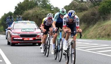 BILBAO, SPAIN - SEPTEMBER 03: (L-R) Joao Almeida of Portugal and UAE Team Emirates - XRG, Felix Gall of Austria and Team Decathlon AG2R La Mondiale and Jai Hindley of Australia and Team Red Bull - BORA - hansgrohe compete in the chase group during the La Vuelta - 80th Tour of Spain 2025, Stage 11 a 157.4km stage from Bilbao to Bilbao / Due to incidents at the finish line, the official times for the GC were taken at 3km from the finish line, there was no stage winner / #UCIWT / on September 03, 2025 in Bilbao, Spain. (Photo by Dario Belingheri/Getty Images)