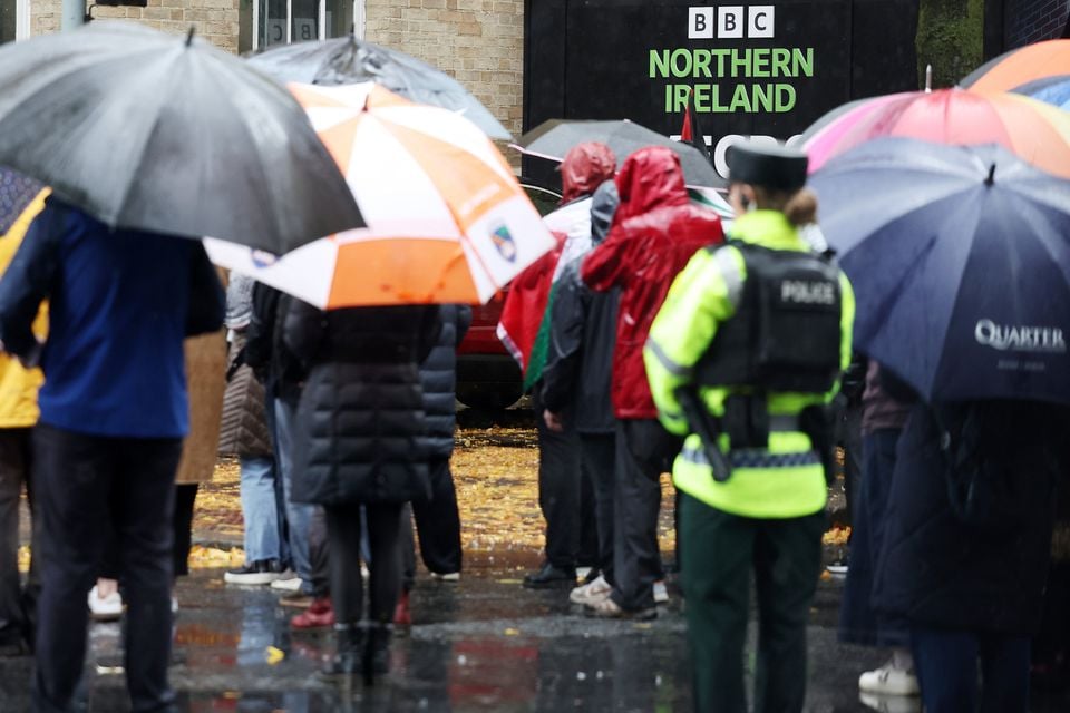 Press Eye - Belfast - Northern Ireland - 27th September 2025

Pro Palestinian protesters gather outside the BBC Northern Ireland office on Bedford Street in Belfast City Centre. 

Picture by Jonathan Porter/PressEye