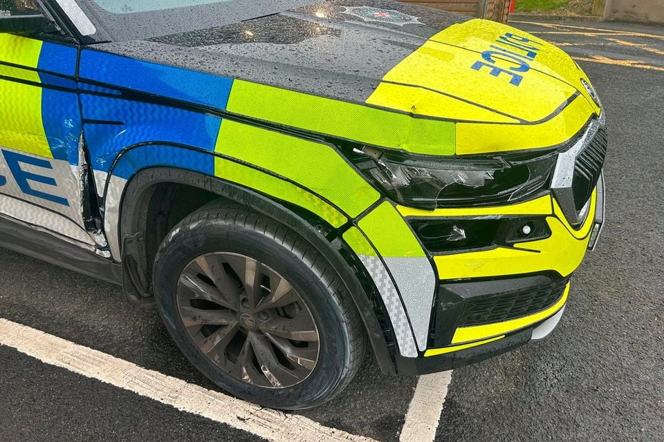 Damage caused to the police vehicle during the incident in Jonesborough. PSNI