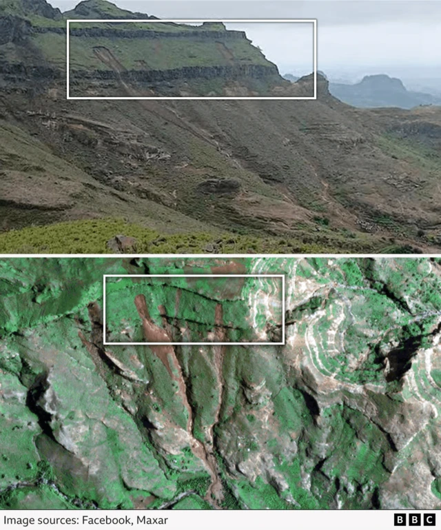Annotated BBC graphic highlighting the landslide on both the verified footage (top) we have and the satellite imagery (bottom)