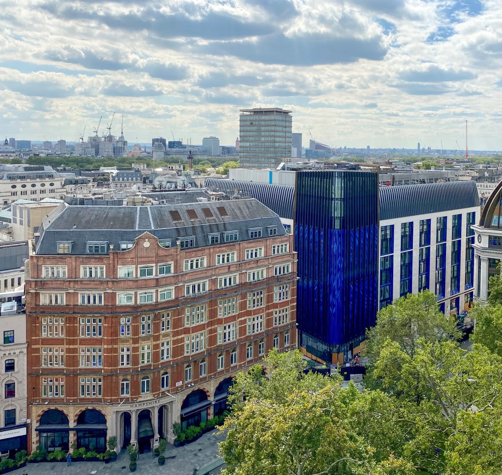 The view of The Londoner hotel (right) from across Leicester Square. The hotel was completed in 2021 and features 16 storeys, with six underground. Photo: The Londoner