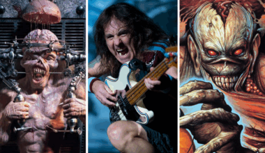 Steve Harris in 2019, in between images of the artworks of Iron Maiden albums The X Factor and Virtual XI